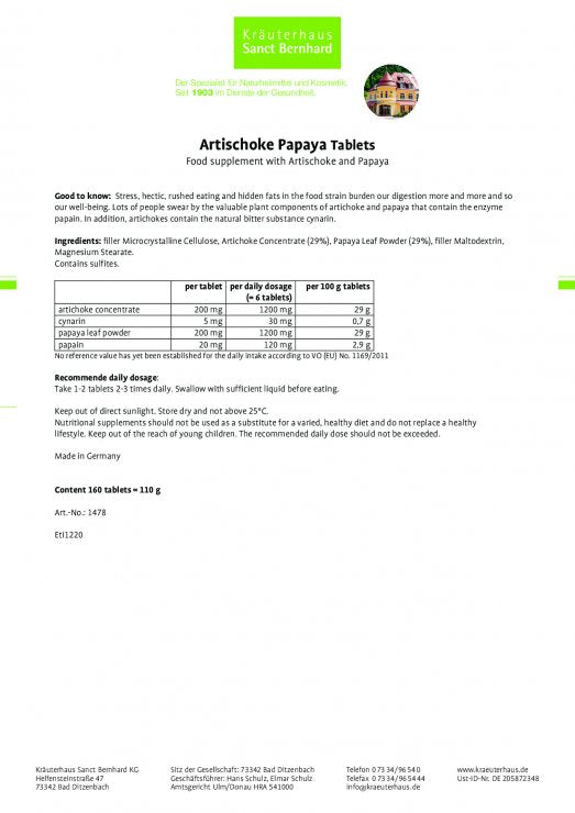 Artichoke Papaya Tablets, 160 tablets