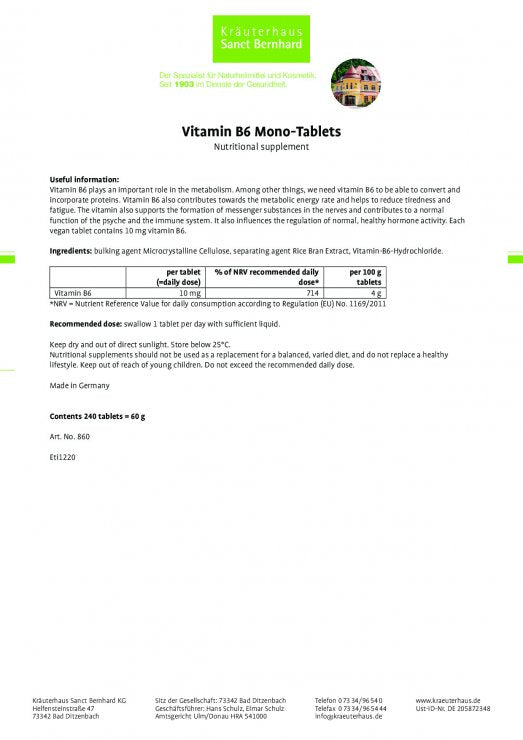 Vitamin B6 Mono-Tablets, 240 tablets for 2 month