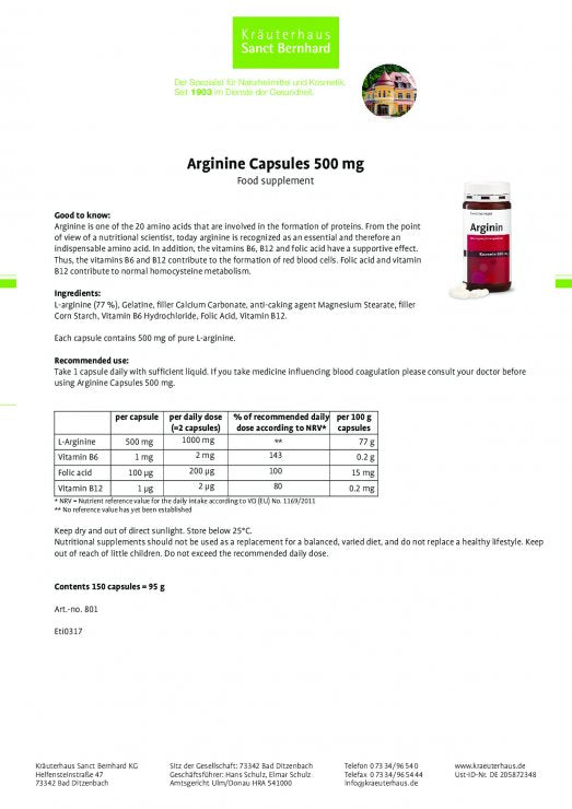 Arginine Capsules 500 mg, 150 capsules